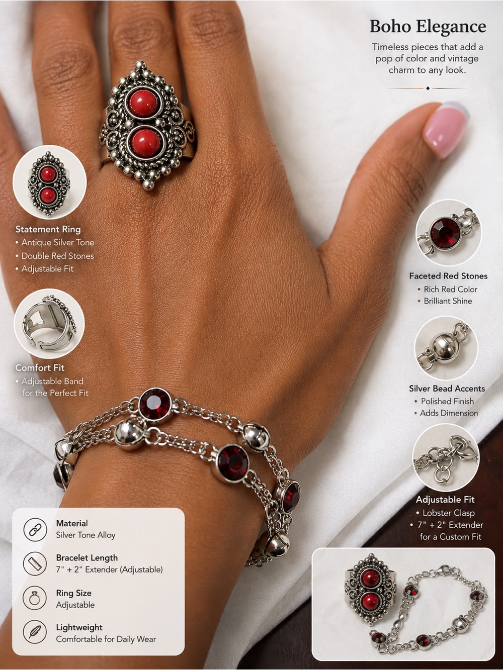 2 pcs Boho Elegance Red Stone Silver-Tone Bracelet and stretchy Ring Set